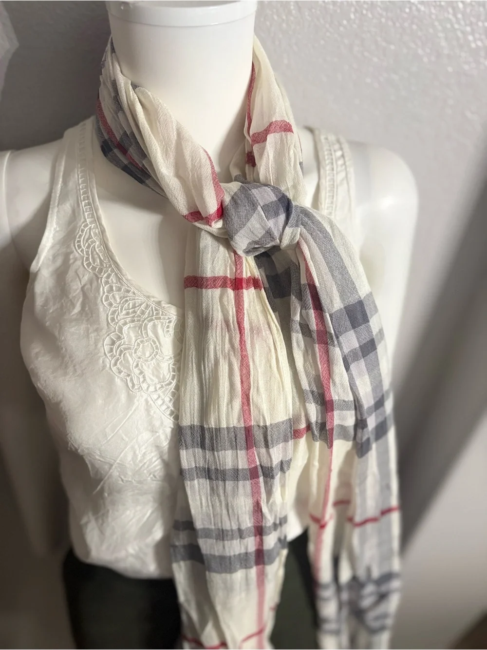 Lightweight Plaid Long Scarf in Cream, Gray & Red